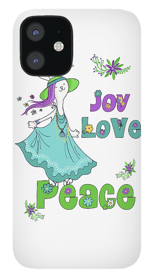 Christmas iPhone 12 Case featuring the digital art Retro Hippie Joy Love and Peace Dancing Holiday Bunny by Doreen Erhardt