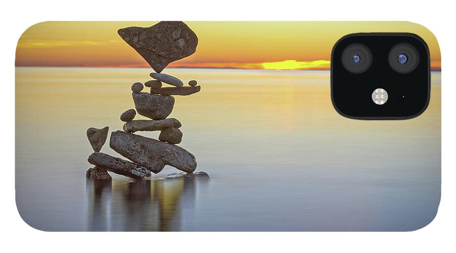 Meditation Zen Yoga Mindfulness Stones Nature Land Art Balancing Sweden iPhone 12 Case featuring the sculpture Balancing art #22 by Pontus Jansson