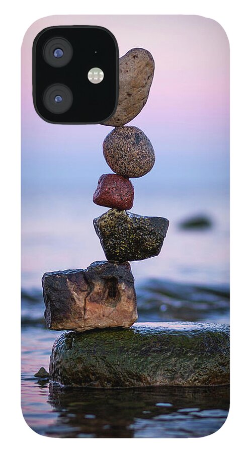 Meditation Zen Yoga Mindfulness Stones Nature Land Art Balancing Sweden iPhone 12 Case featuring the sculpture Balancing art #51 by Pontus Jansson