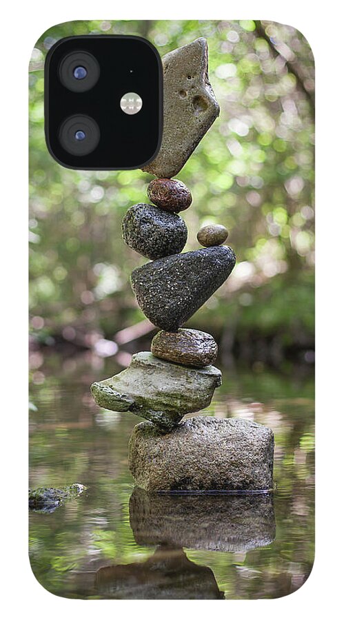 Meditation Zen Yoga Mindfulness Stones Nature Land Art Balancing Sweden iPhone 12 Case featuring the sculpture Balancing art #61 by Pontus Jansson