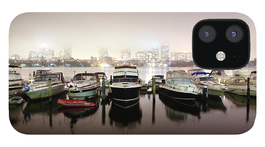 Tranquility iPhone 12 Case featuring the photograph Boats In Boston Harbor At Night by Thomas Northcut