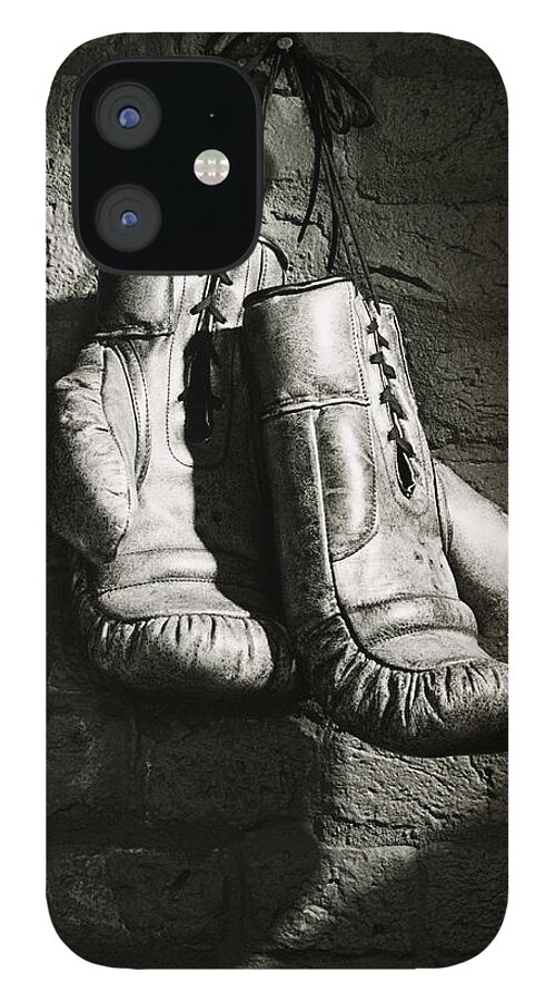 Hanging iPhone 12 Case featuring the photograph Boxing Gloves Hanging From Nail B&w by Ray Massey
