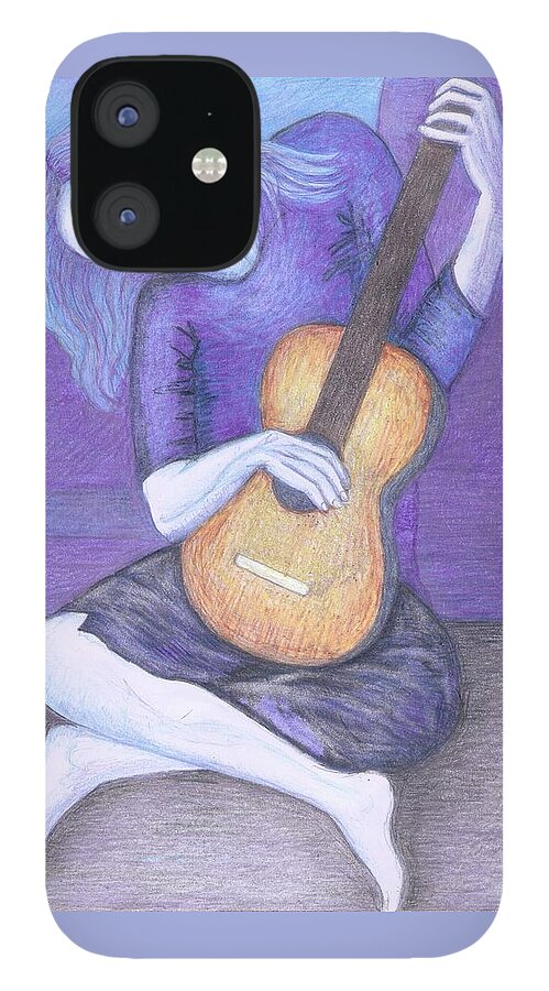 Cool Art iPhone 12 Case featuring the drawing Boy with Guitar by Cynthia Silverman