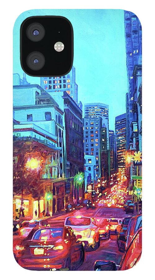 Cityscape iPhone 12 Case featuring the painting Bright Lights, Big City by Bonnie Lambert