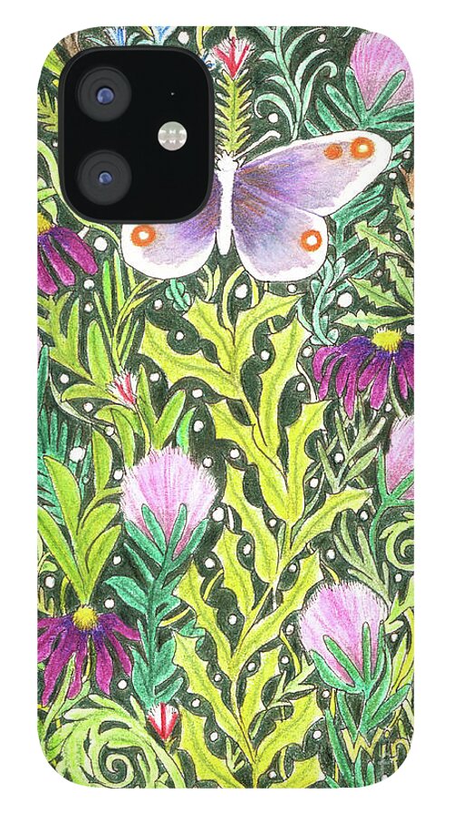 Lise Winne iPhone 12 Case featuring the painting Butterfly in the Millefleurs by Lise Winne