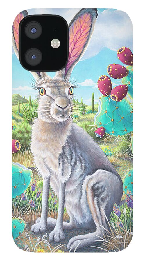 Jackrabbit iPhone 12 Case featuring the painting Catus Jack's Prickly Paradise by Tish Wynne