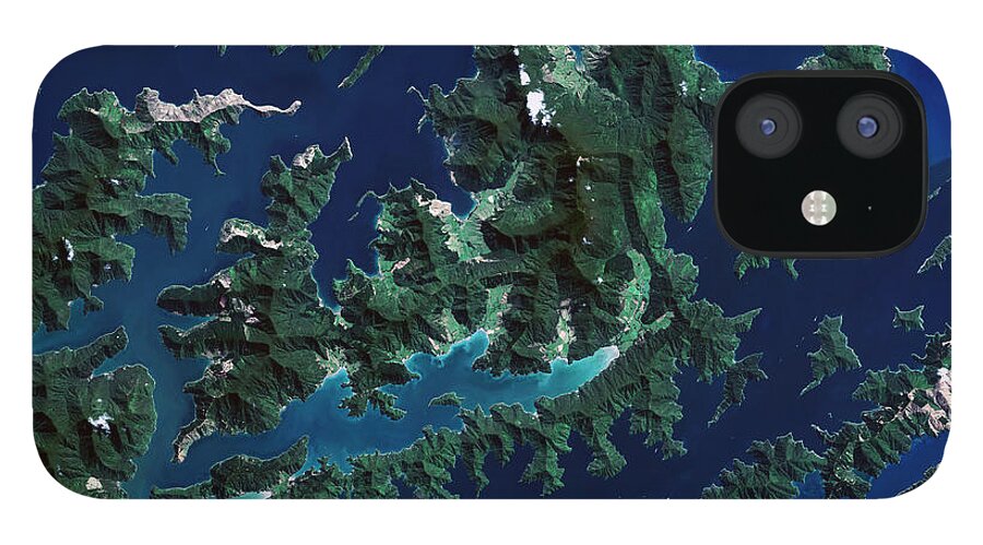 Satellite Image iPhone 12 Case featuring the digital art Cook Strait, New Zealand from space by Christian Pauschert