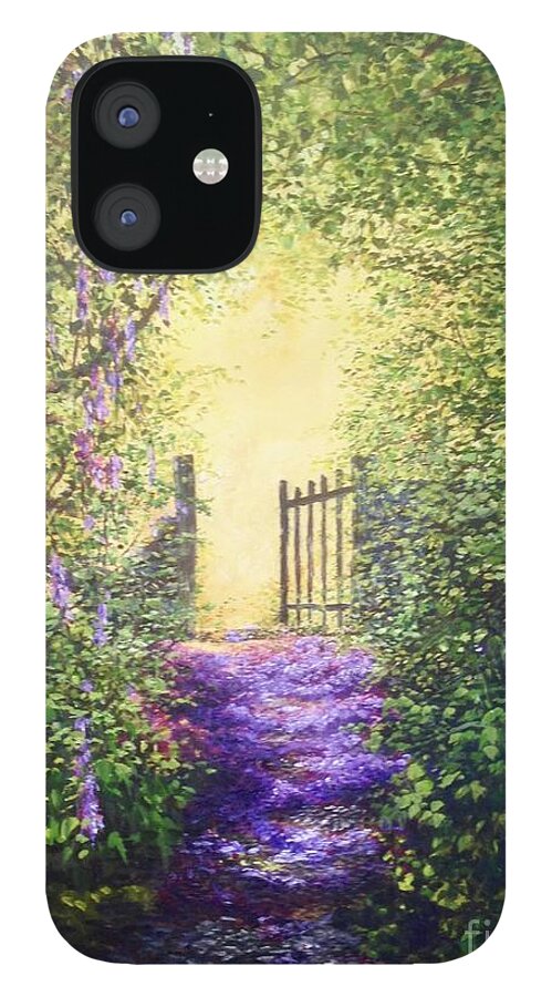 Petals iPhone 12 Case featuring the painting Cotswolds Pathway of Petals to an open Gate and into the sunshine beyong by Lizzy Forrester