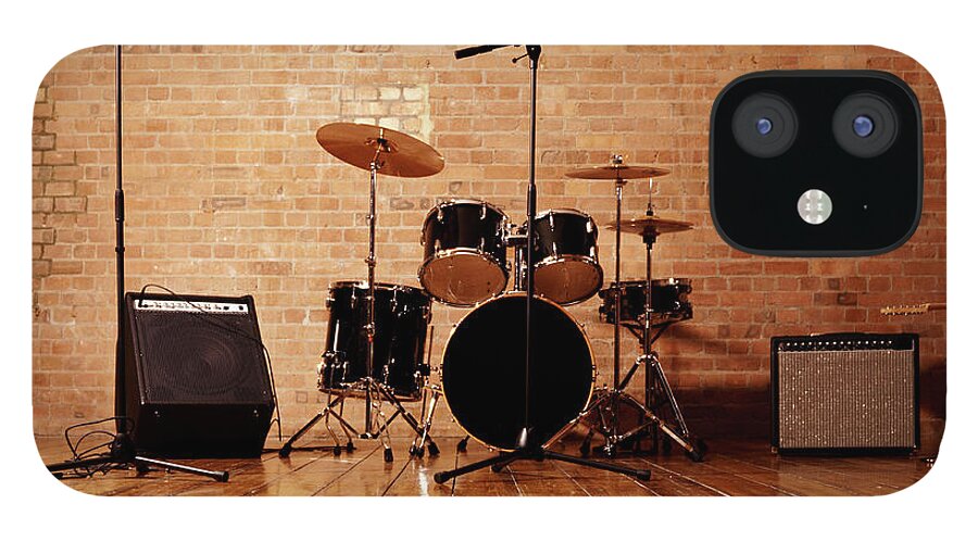 Microphone Stand iPhone 12 Case featuring the photograph Drum Kit, Microphones And Loudspeakers by Digital Vision.