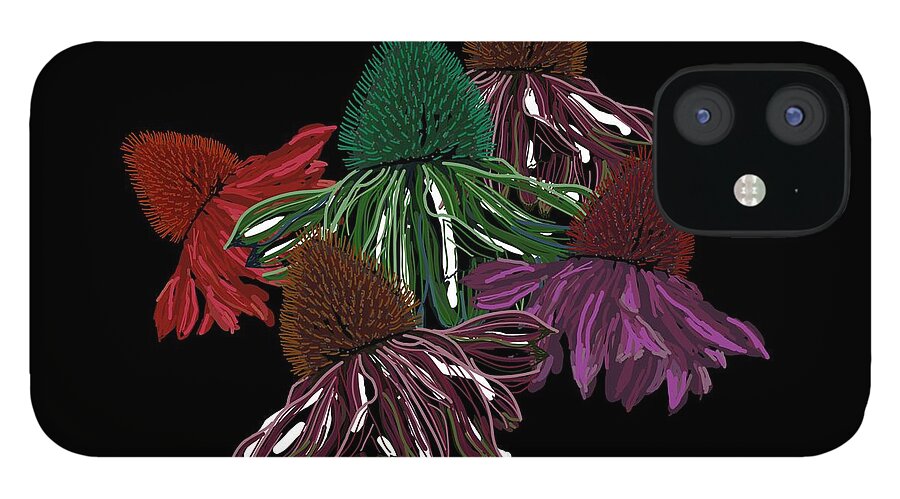 Echinacea Flower iPhone 12 Case featuring the drawing Echinacea Flowers With Black by Joan Stratton