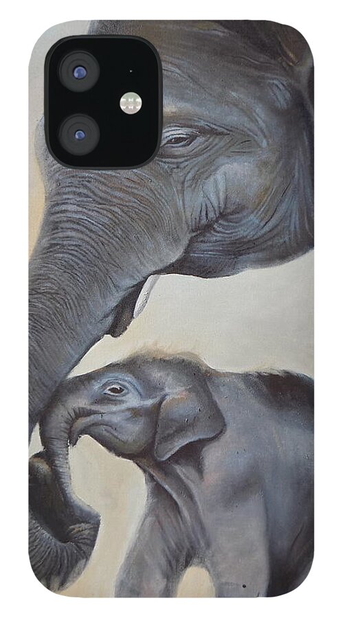 Living Room iPhone 12 Case featuring the painting Elephant and Calf by Olaoluwa Smith