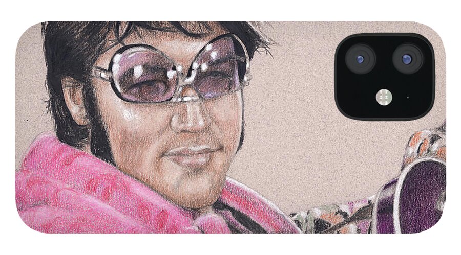 Elvis iPhone 12 Case featuring the drawing Elvis in Charcoal #208 by Rob De Vries