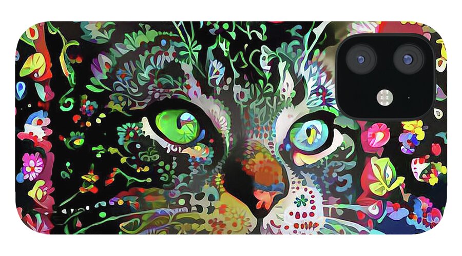 Psychedelic Cat iPhone 12 Case featuring the digital art Flora the Tabby Cat by Peggy Collins