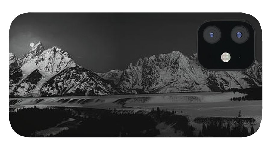 Full Moon iPhone 12 Case featuring the photograph Full Moon Sets in the Tetons Panorama by Raymond Salani III