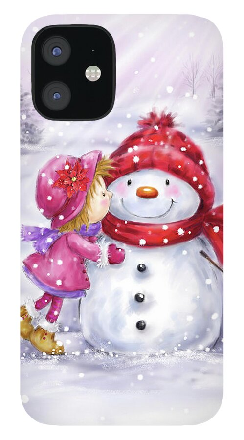 Girl Kissing Snowman iPhone 12 Case featuring the mixed media Girl Kissing Snowman by Makiko