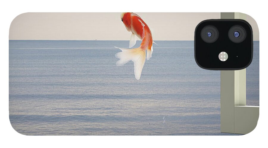 Augmented Reality iPhone 12 Case featuring the photograph Goldfish Is Escaping To Sea From Tablet by Hiroshi Watanabe