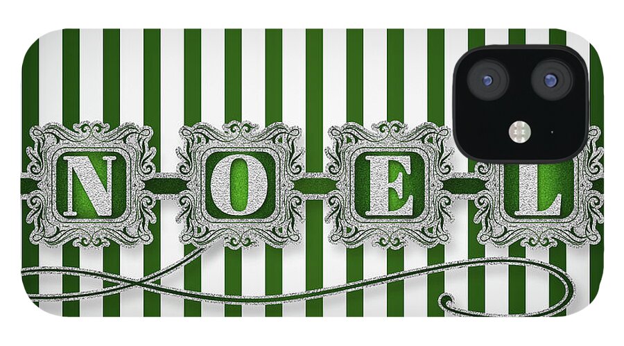 Christmas iPhone 12 Case featuring the digital art Green and White NOEL Typography Bold Christmas Stripes by Doreen Erhardt