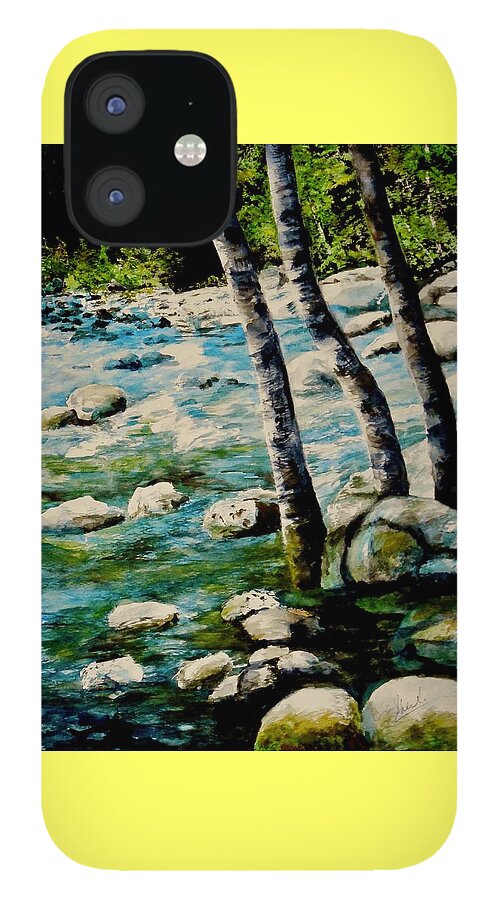 Rocky Waterfall iPhone 12 Case featuring the painting Gushing Waters by Sher Nasser