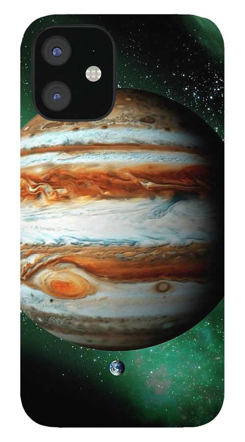 Outdoors iPhone 12 Case featuring the digital art Jupiter And Earth, Artwork by Science Photo Library - Victor Habbick Visions