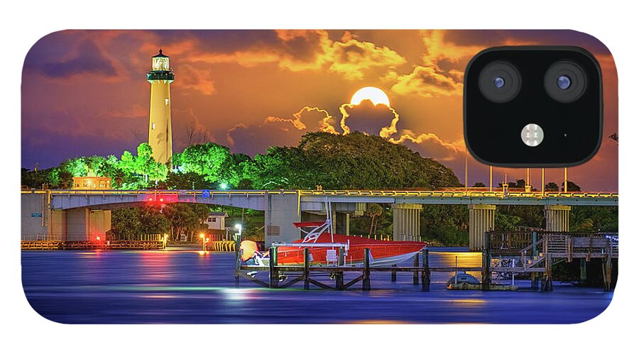 Jupiter Lighthouse iPhone 12 Case featuring the digital art Jupiter Lighthouse Purple Moon Rising Over the Waterway by Kim Seng