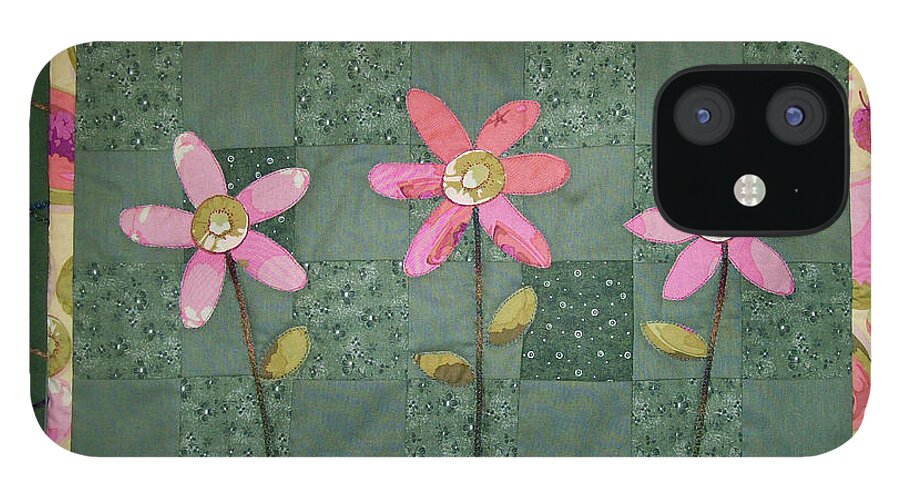 Art Quilt iPhone 12 Case featuring the tapestry - textile Kiwi Flowers by Pam Geisel