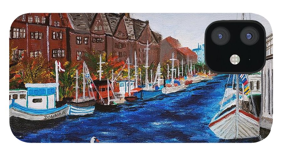Blue iPhone 12 Case featuring the painting Kjaerlighet i Kobenhavn Christianshavn Copenhagen Denmark by C E Dill