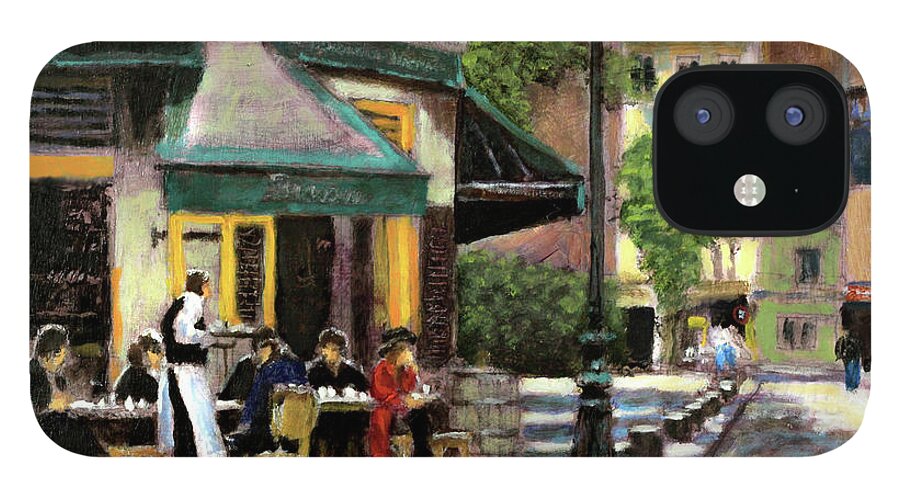 Paris iPhone 12 Case featuring the painting La Petite Brasserie by David Zimmerman
