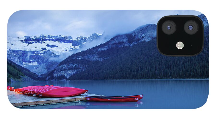 Outdoor; Water; Lake; Emerald; Lake Louise; Boat; Mt Victoria; Sunrise; Banff; Banff National Park; Canada iPhone 12 Case featuring the digital art Lake Louise by Michael Lee