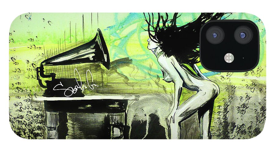 Woman Music Life Hair Lady Female Nude Beauty Beautiful Model Sexy Hair Feet Hands Ipod Headphones Recording Record Rustic B&w Black And White Green Abstract iPhone 12 Case featuring the painting Listen To The Music by Sergio Gutierrez