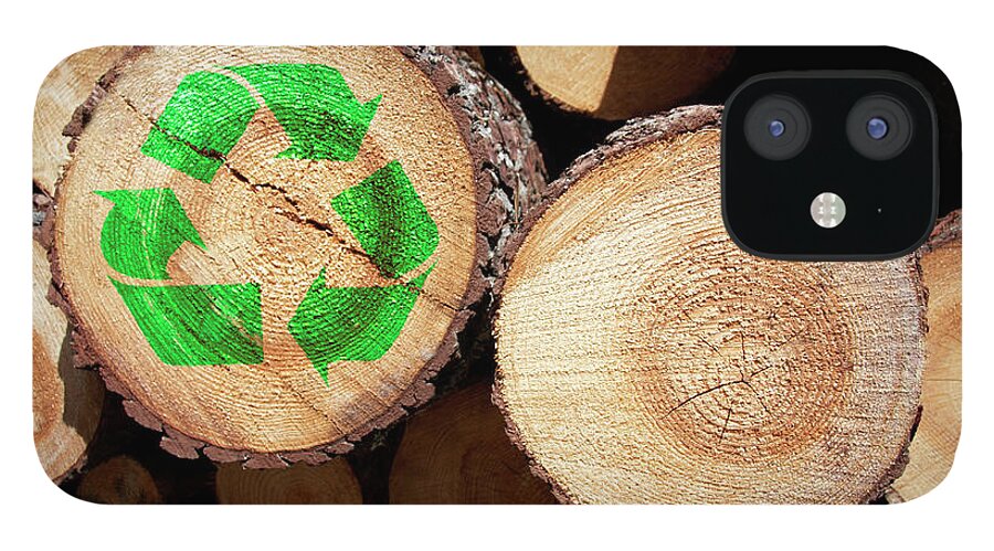 Outdoors iPhone 12 Case featuring the photograph Logs, One With A Recycling Sign On It by Luxx Images