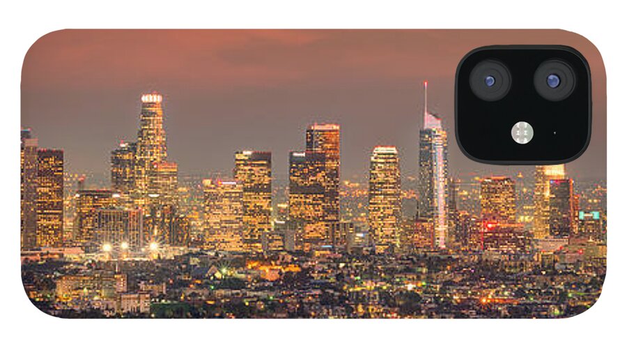 Los Angeles Skyline iPhone 12 Case featuring the photograph Los Angeles Skyline at Dusk Sunset by Jon Holiday