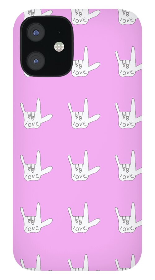 Cute Design Of Love In American Sign Language iPhone 12 Case featuring the drawing Love Sign ASL pink hand sign by Ashley Rice