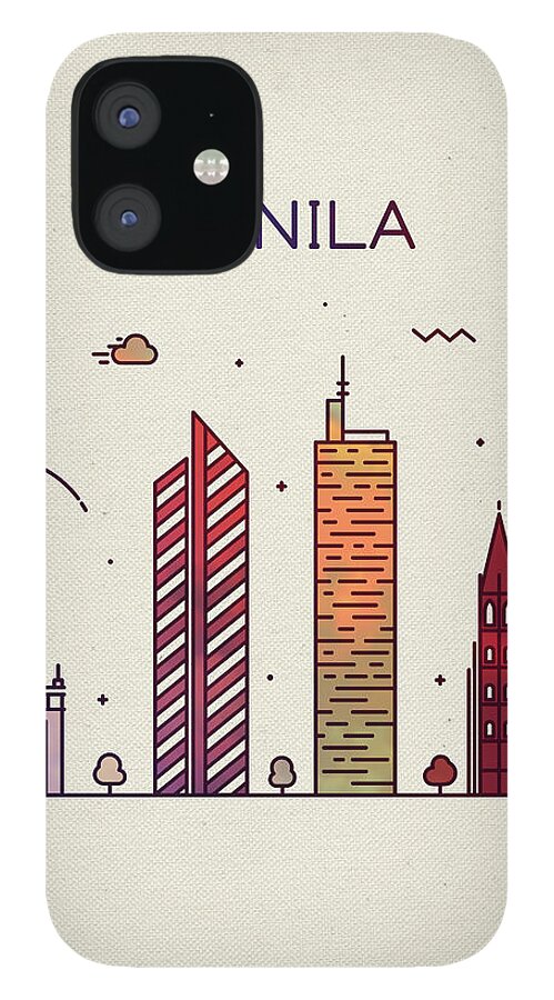Manila iPhone 12 Case featuring the mixed media Manila Philippines Whimsical City Skyline Fun Bright Tall Series by Design Turnpike