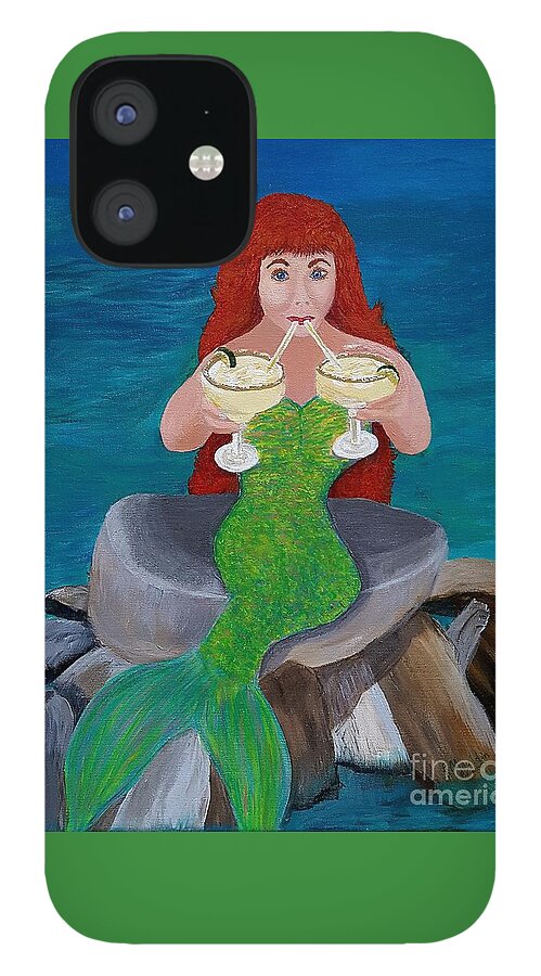 Mermaid iPhone 12 Case featuring the painting Margaritas on the Rocks Mermaid by Elizabeth Mauldin