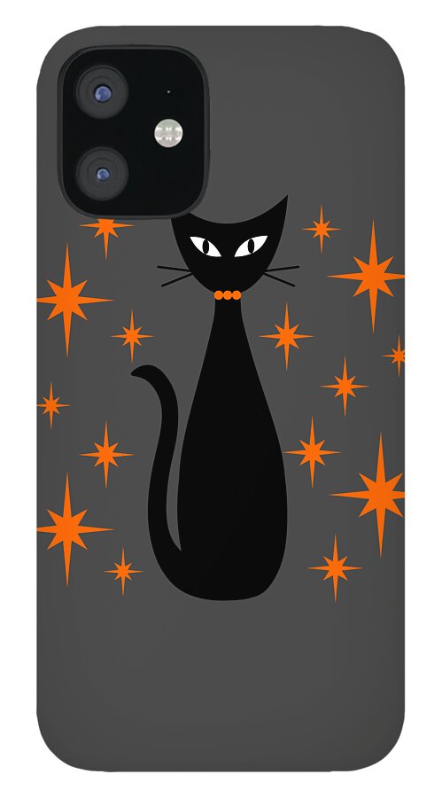 Mid Century Modern iPhone 12 Case featuring the digital art Mid Century Cat with Orange Starbursts by Donna Mibus