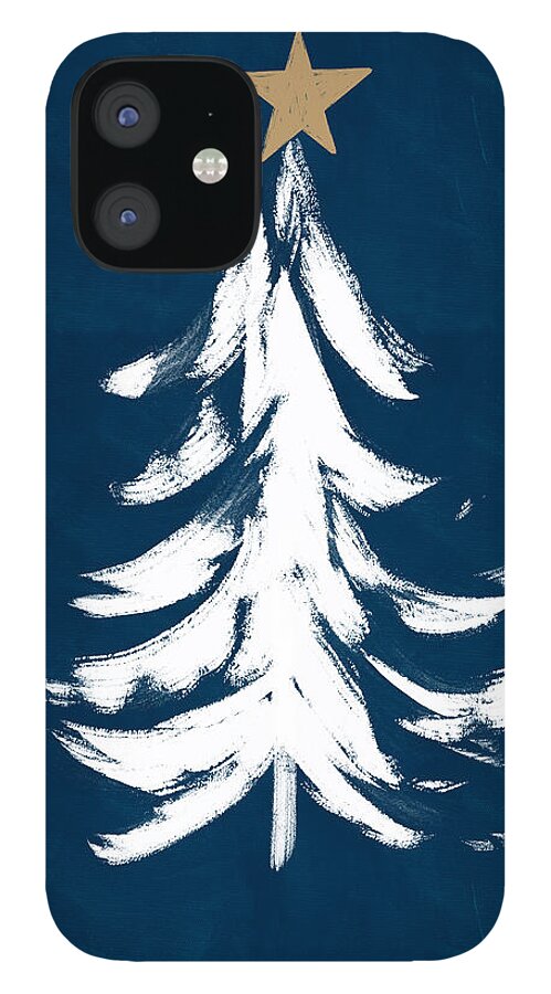 Christmas iPhone 12 Case featuring the mixed media Navy and White Christmas Tree 1- Art by Linda Woods by Linda Woods