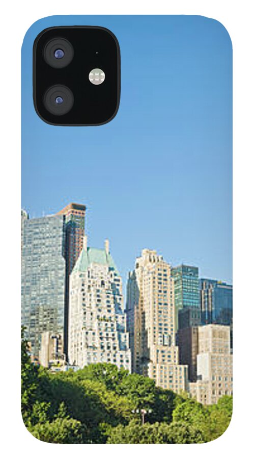 Downtown District iPhone 12 Case featuring the photograph New York Banner Blue Midtown Manhattan by Fotovoyager