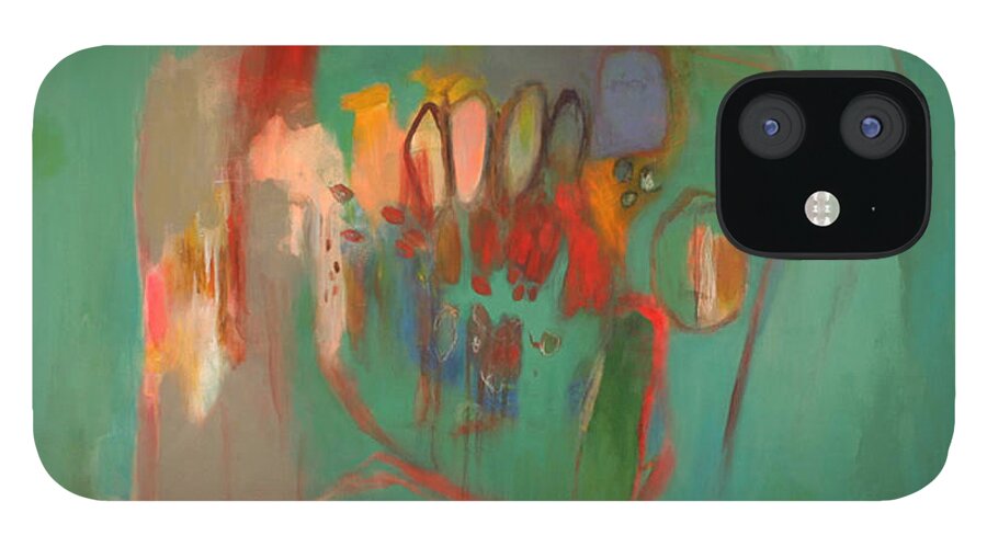 Green iPhone 12 Case featuring the painting Nursery Games by Janet Zoya