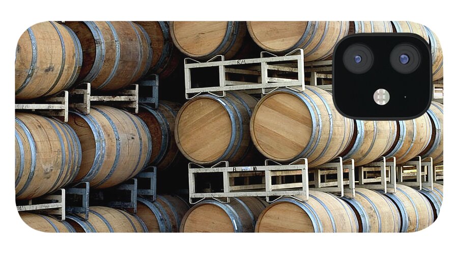 Storage Compartment iPhone 12 Case featuring the photograph Oak Barrels Stock In Cellar Outdoors by Swalls