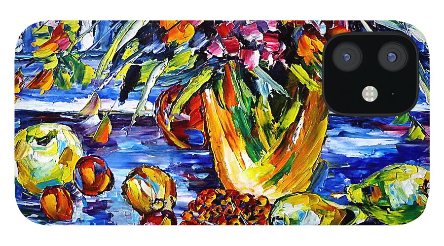 Palette Knife Oil Painting iPhone 12 Case featuring the painting On The Garden Table by Mirek Kuzniar