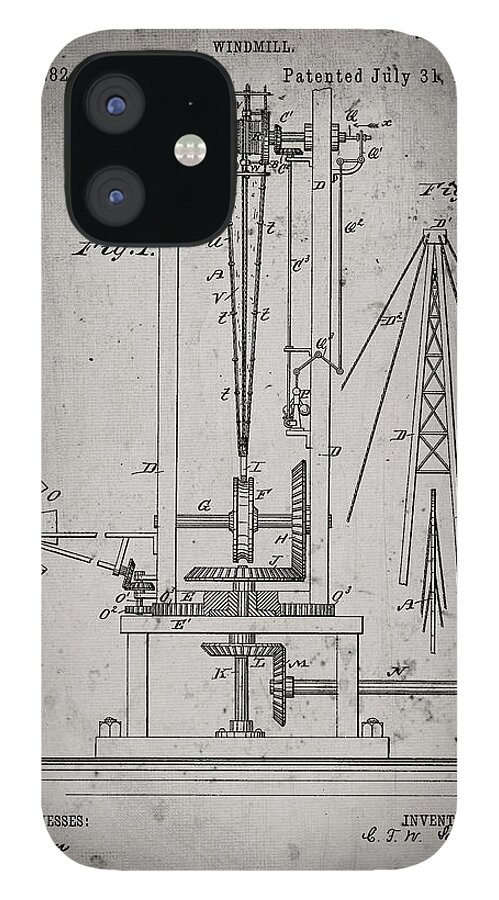 Pp26-faded Grey Windmill 1883 Patent Poster iPhone 12 Case featuring the digital art Pp26-faded Grey Windmill 1883 Patent Poster by Cole Borders