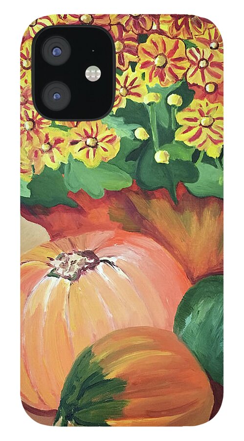 Pumpkin With Flowers By Annette M Stevenson;fall Season Collection By Annette M Stevenson iPhone 12 Case featuring the painting Pumpkin with Flowers by Annette M Stevenson