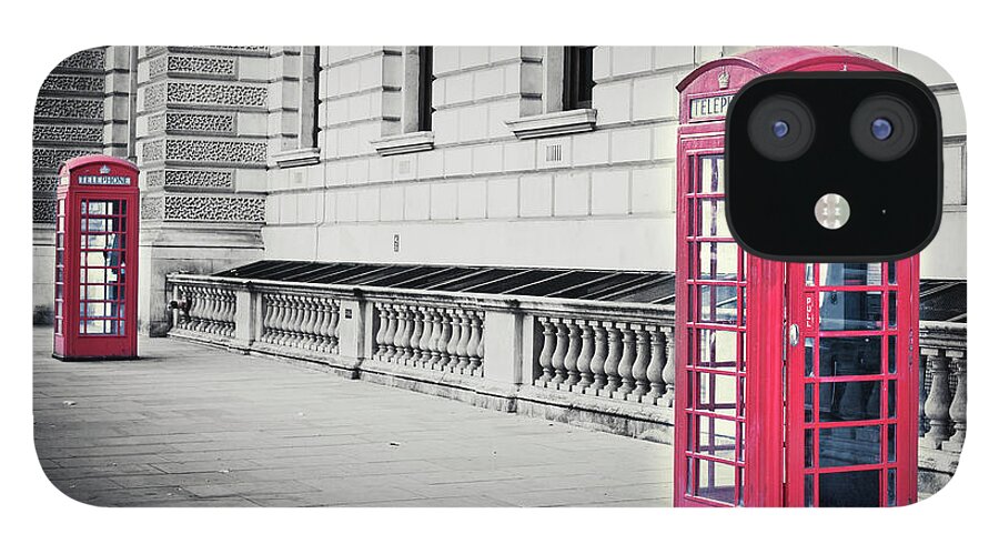 Pay Phone iPhone 12 Case featuring the photograph Red English Phone Booths In Black And by Zodebala