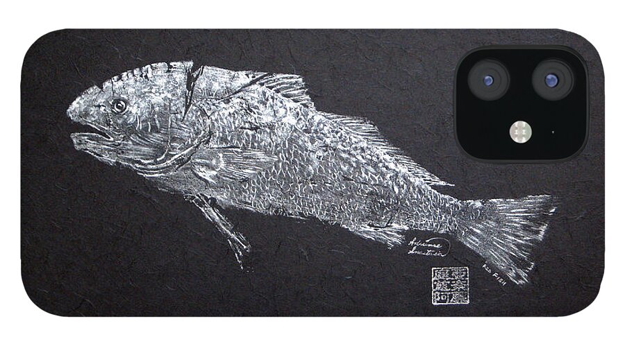 Redfish iPhone 12 Case featuring the painting Redfish - Silver on Black Background by Adrienne Dye