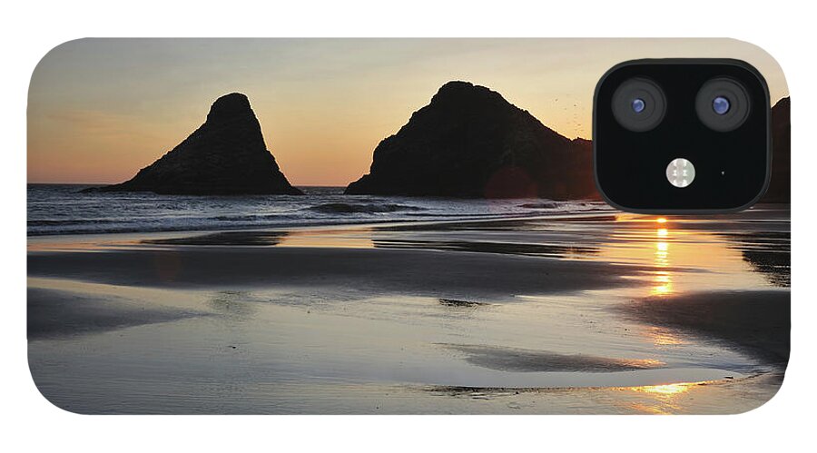 Stack Rock iPhone 12 Case featuring the photograph Setting Sun At Heceta Head Beach by Aimintang
