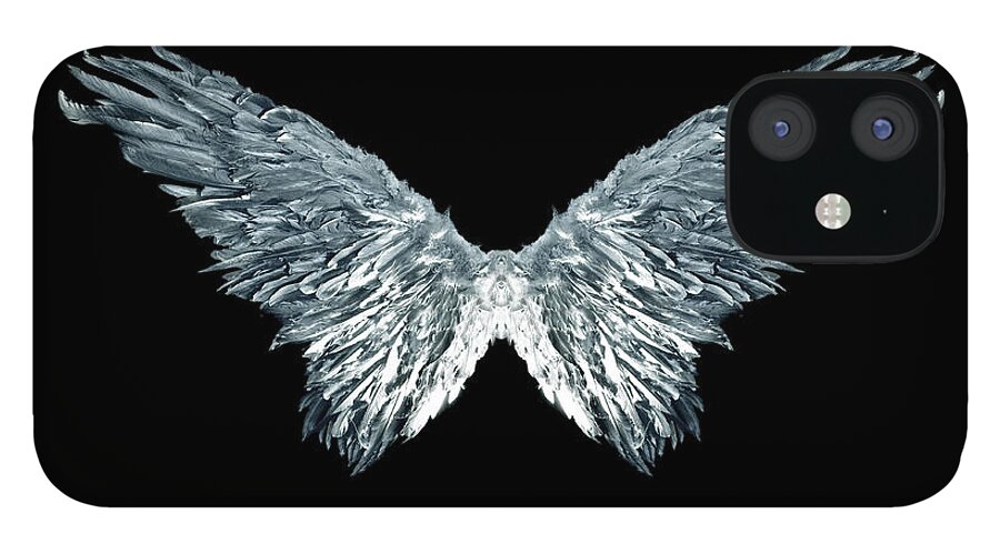 Hanging iPhone 12 Case featuring the photograph Silver Metallic Angel Wings On Black by Redhumv
