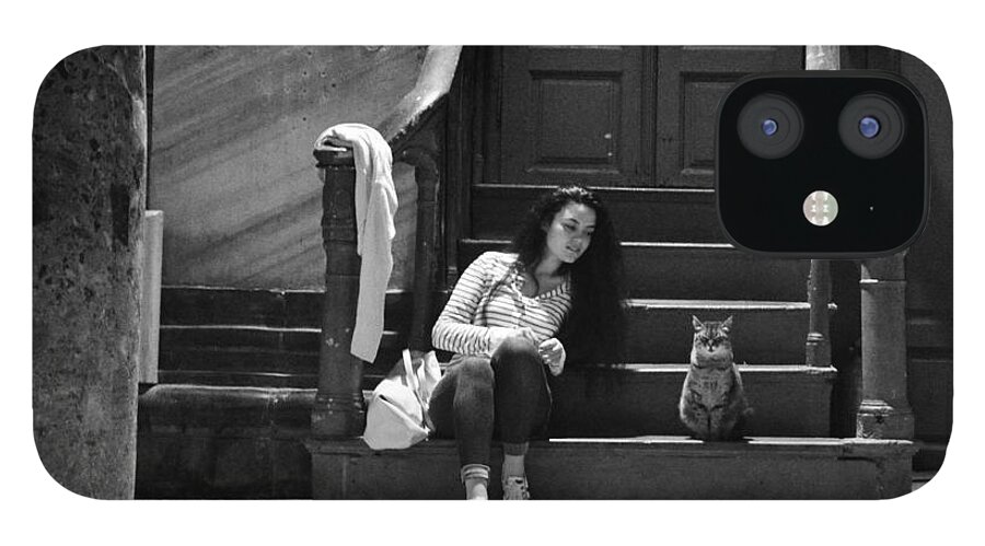 Girl And Cat iPhone 12 Case featuring the photograph Small talk between girl and cat - Black and white by Yavor Mihaylov