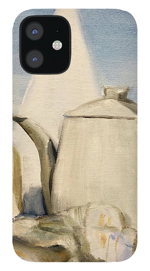 Still Life iPhone 12 Case featuring the painting Still Life of Pottery in White by Greta Corens