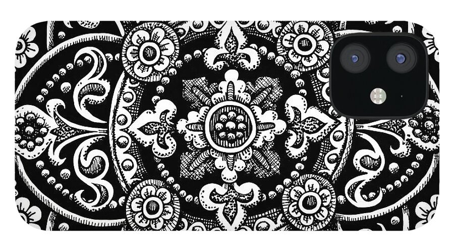 Boho iPhone 12 Case featuring the drawing Tapestry Square 20 Black and White by Amy E Fraser