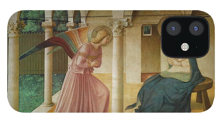 Archangel Gabriel iPhone 12 Case featuring the painting The Annunciation. Fresco in the former dormitory of the Dominican monastery San Marco, Florence. by Fra Angelico -c 1395-1455-